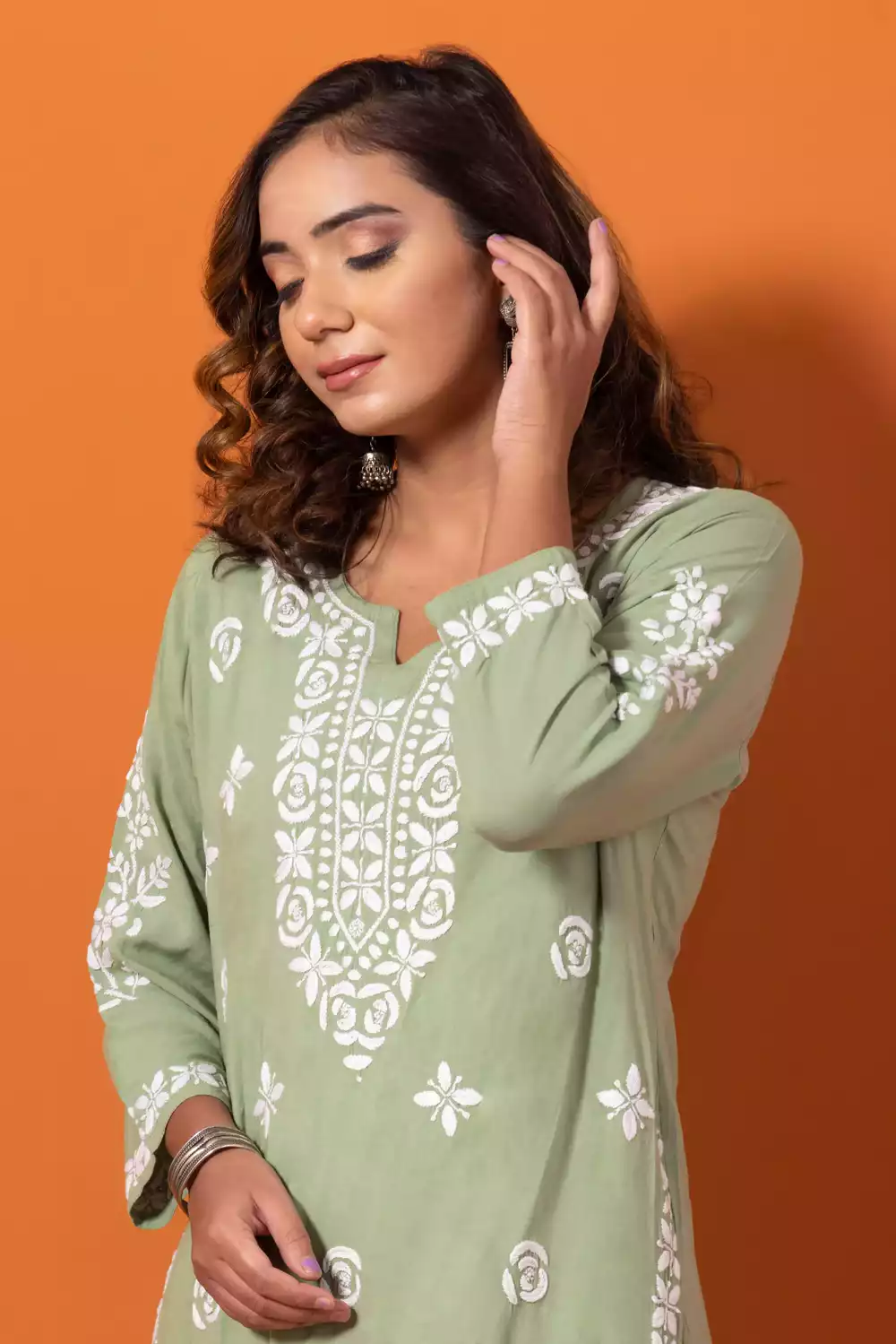 Buy Olive Green & White Modal Rose Lucknowi Chikankari Party Wear Rayon  Kurti Online at Kiko Clothing