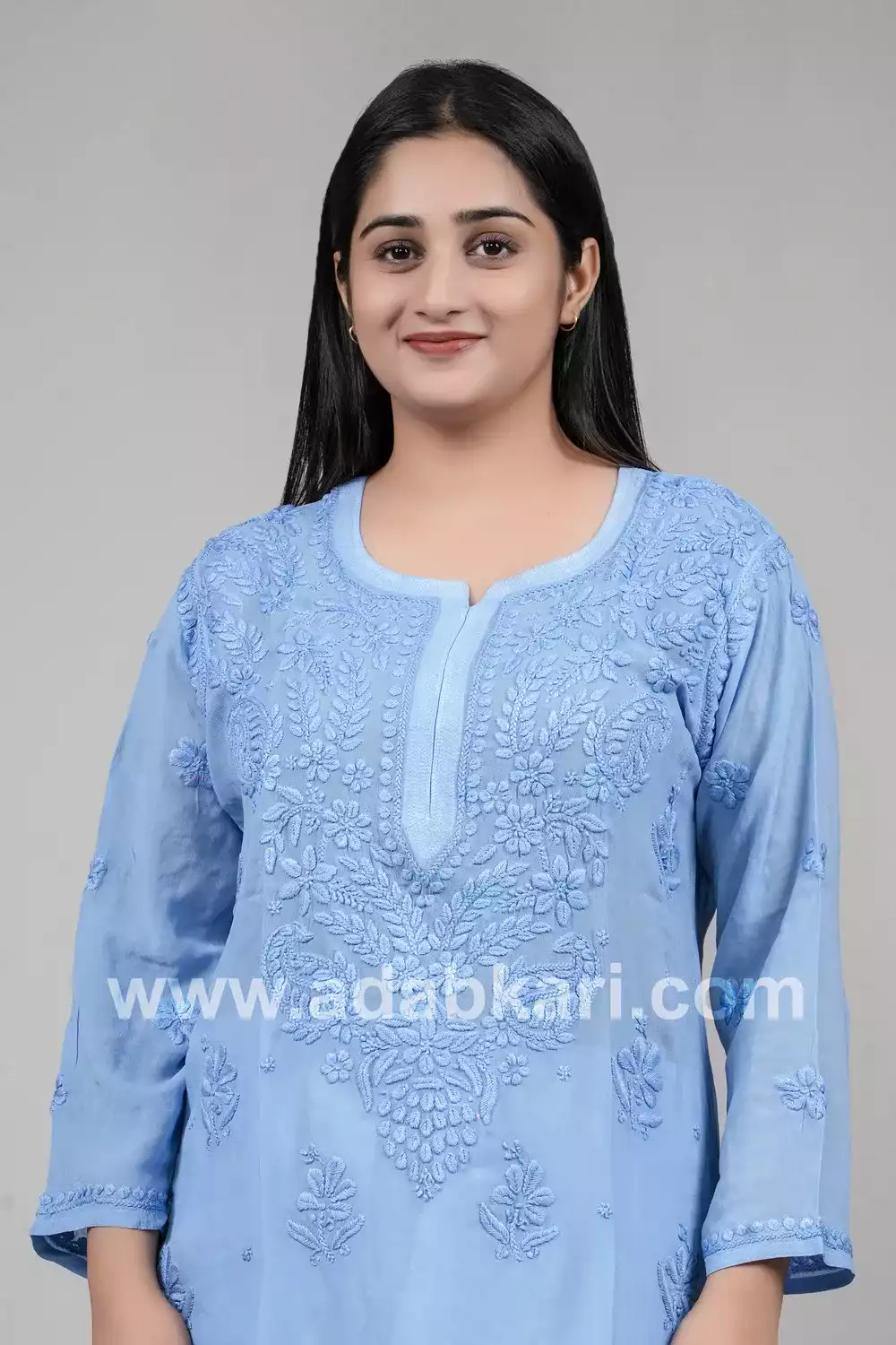 Buy Blue Hand Embroidered Lucknowi Chikankari Long Kurti (Cotton) Bust-42  inch 13722